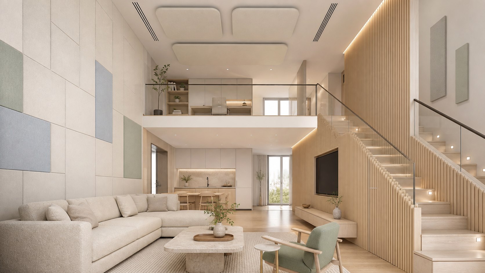 Open-plan duplex residences acoustic design scene