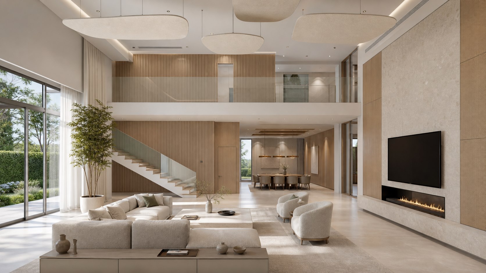 Large villa living spaces acoustic design scene